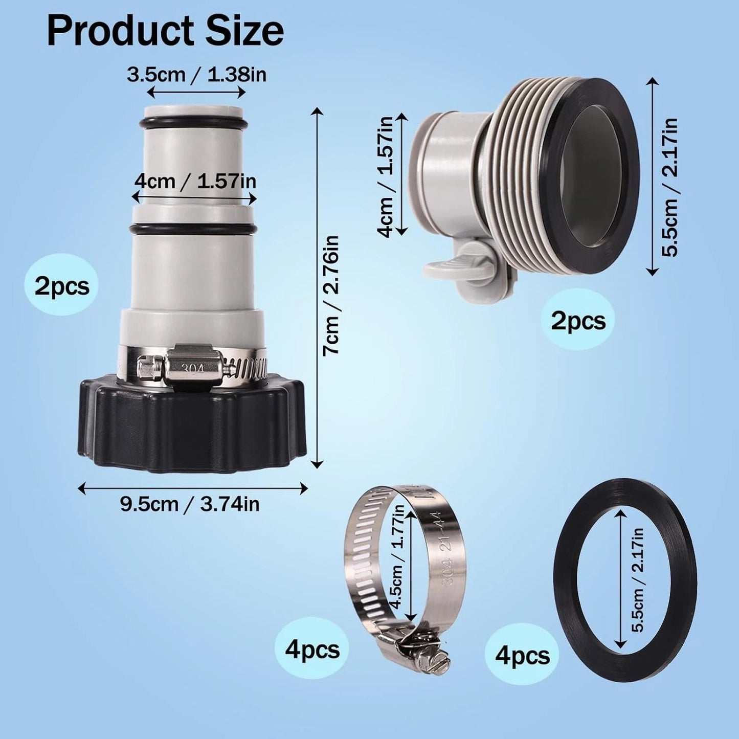 Pool Hose Adapter Kit – Type A & B Conversion Connectors inc Clamps Washers