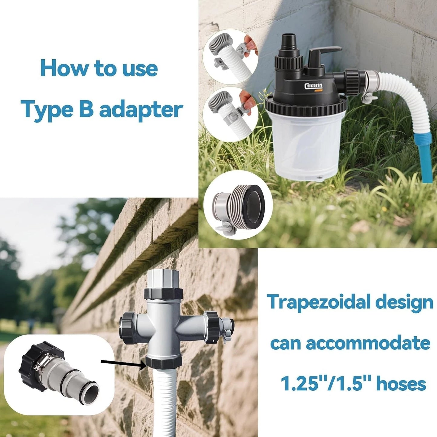 Pool Hose Adapter Kit – Type A & B Conversion Connectors inc Clamps Washers